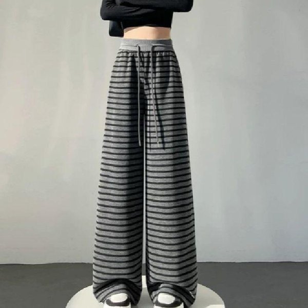 Pantalones De Pierna Ancha Rayados De Seda De Hielo Retro Para Mujer En Primavera Y Verano Nuevos Pantalones Rectos Sueltos Con CordóN De Cintura Alta Pantalones Casuales De Punto 3XL-image