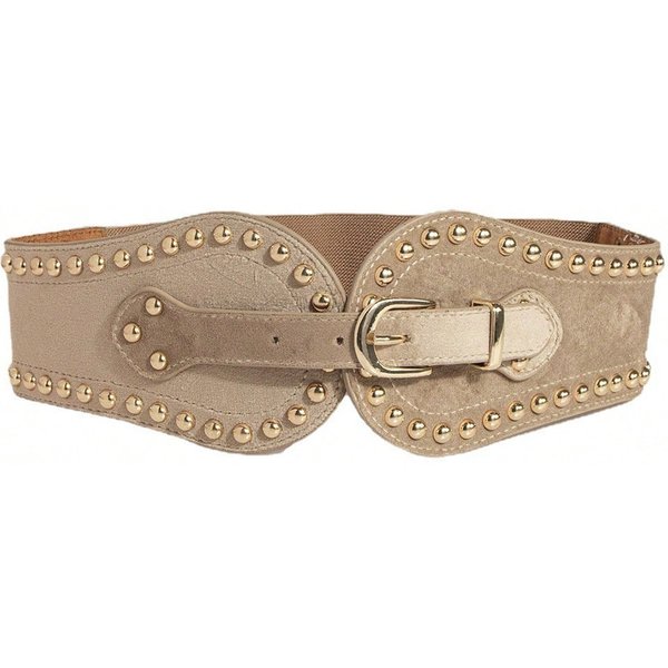 CinturóN De Moda Y Elegante Para Mujer De Piel SintéTica Con Remaches Cinturilla EláStica Ancha Ajustable Estilo Occidental Apricot Beige-image