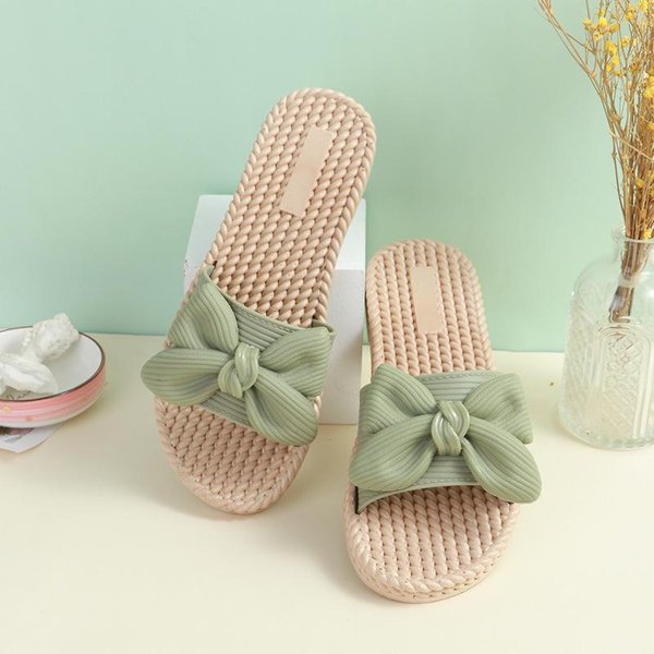 Verano Interior Antideslizante Zapatillas De Casa Lazo Grande Zapatillas De Casa Suela Blanda Viscosa Lino Sandalias Y Zapatillas Zapatos De Playa 38 Verde-image