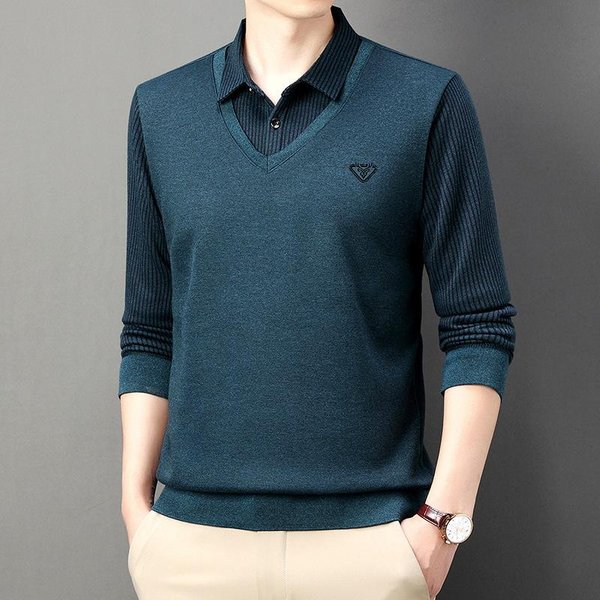Camiseta De Manga Larga Falsa De Dos Piezas Para OtoñO Ropa Para Hombre Para Papá De Mediana Edad Camisa De Cuello Rayado Casual Top BáSico Para Hombre 4XL Black-image