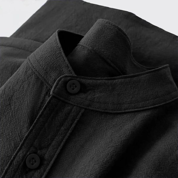 Camisa CláSica Atemporal De AlgodóN Lino Texturizado De Manga Larga Para Hombre Transpirable Cuello Mao Botones Placket Tops Casuales Diarios De Vacaciones En Colores Lisos Xxxl Negro-image