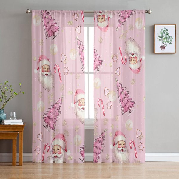 Navidad Papá Noel Copos De Nieve Rayas Rosas Cortinas TraslúCidas DecoracióN SalóN Cortinas De Ventana Cocina Cortinas Tul Voile W135 X H115Cm X1&Grommet Top-image
