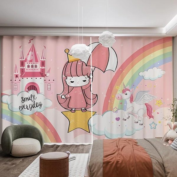 Cortinas Rosas De Princesa De 2 Paneles Cortinas De Dibujos Animados De Castillo De Unicornio ArcoíRis Para NiñAs Cortinas Para Dormitorio Infantil Cortina 2X50W100H(Cm)&Grommet Top-image