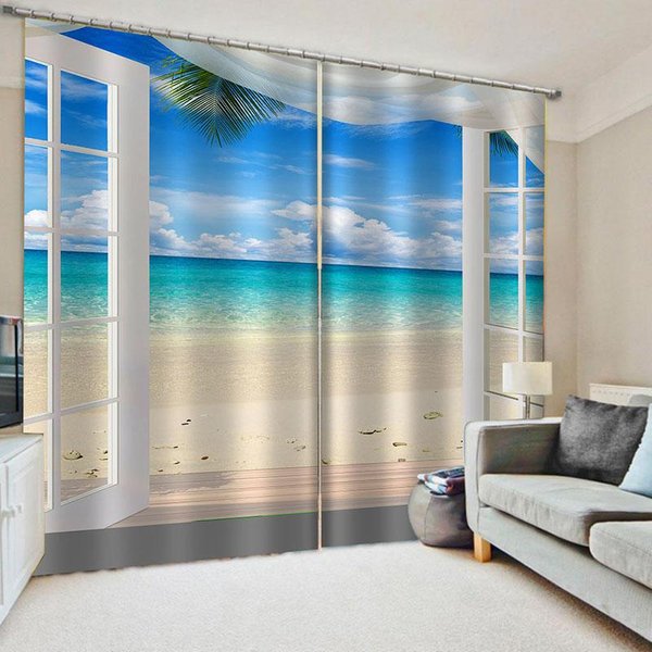 2 Piezas Cortinas De Verano Playa Estrella De Mar Cortina De Paisaje OcéAno Azul Para Dormitorio Sala De Estar Cocina Pasillo Cortinas Tropicales DecoracióN Del Hogar W60H60(Cm)X2Pcs&Grommet Top-image