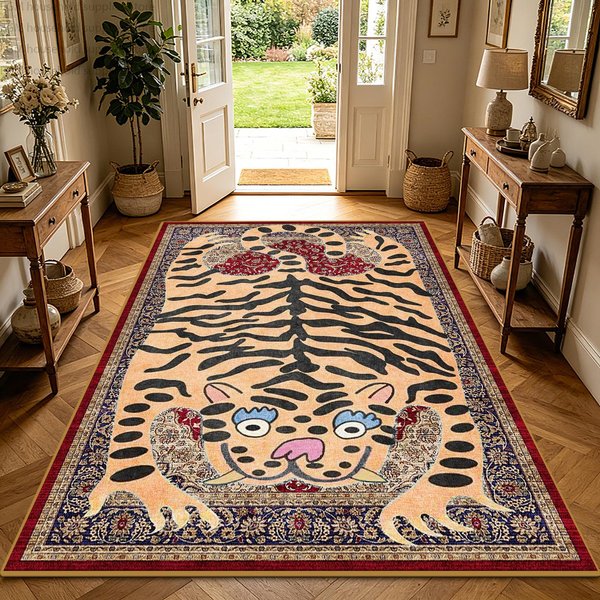 Boho Tygrys WzóR Retro Dywan Dekoracja Salonu Dywan Domowy MięKki KróTki Welur AntypośLizgowy Sypialnia Zmywalny Salon Impreza Mata PodłOgowa 2.6X3.9Ft(80X120Cm)-image
