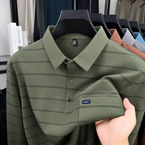 2025 Camiseta Polo De Manga Larga Para Hombre Primavera Y OtoñO Con Cuello Rayado Y Bolsillos Sueltos 4XL Gray-image