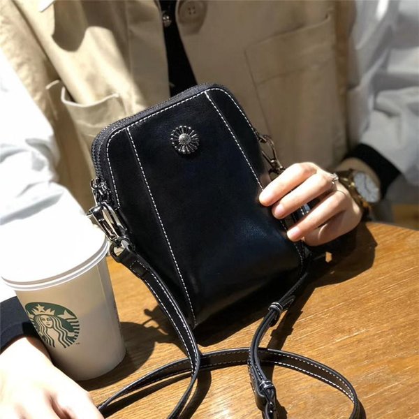 Nuevo Cuero Vacuno Encerado Al Aceite Cuero Genuino Bolso De Mujer Bolso Para TeléFono MóVil Bolso Bandolera De Moda De Un Hombro Estilo De Mujer-image