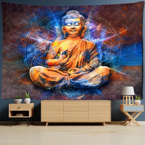 Tapiz De Buda Colgante De Pared Estampado Bohemio PsicodéLico ReligióN Sala De Estar PsicodéLico DecoracióN Del Hogar 95X70Cm Orange-image