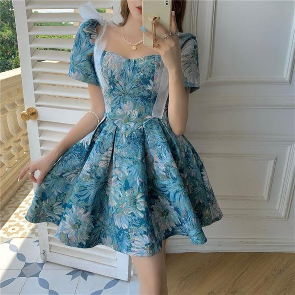 Verano Nuevo Lazo Manga Corta Cintura Vestido Abullonado Para Mujer 2XL Gray-image