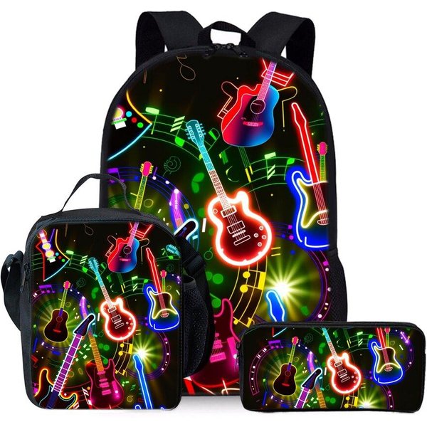 Set De Tres Piezas Con Estampado De Guitarra Mochilas Para NiñOs Y NiñAs Mejores Regalos Mochila Escolar De Dibujos Animados Plana 2D Para NiñOs-image