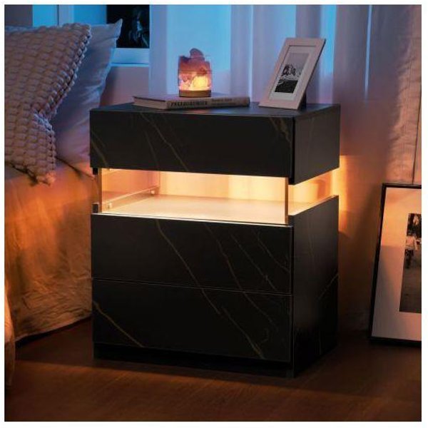 Mesita De Noche Led De 3 Cajones Para Dormitorio Con Panel AcríLico Mesita De Noche Led (Negro + Verde)-image
