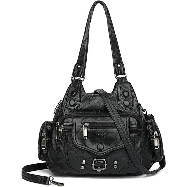 Bolso Grande De Mano VersáTil A La Moda Vintage, Bolso De Mano Con Un Solo Hombro, Bolso Cruzado Oblicuo Para Mujer, Bolso Lavable Para Mamá Negro-image