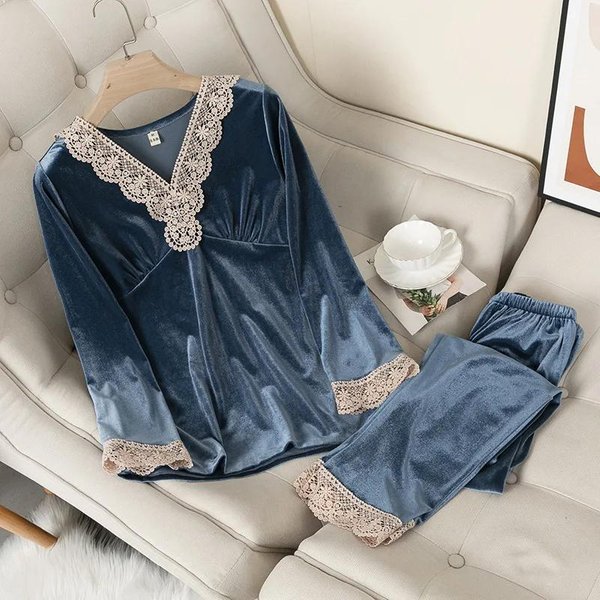 Pijamas De Terciopelo Mujer OtoñO Invierno Ropa De Dormir Manga Larga Casual Ropa De Noche Conjunto De Pijama Suelto Ropa Para El Hogar Adorno De Encaje Conjunto Para Dormir XL Gray-image