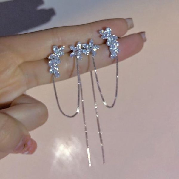 Pendientes Joyas Moda Personalidad CircóN Clip De Oreja Pendientes Largos Cristal Flor Borla PuñOs Pendientes De BotóN Gray-image