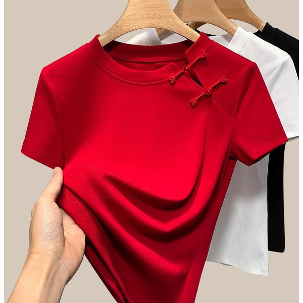 Camiseta Negra De Manga Corta Para Mujer, Nueva Camiseta De Verano Con Cuello Redondo Y Hombros Descubiertos, Estilo Retro Chino, Con Botones Modificados. 3XL Rojo-image