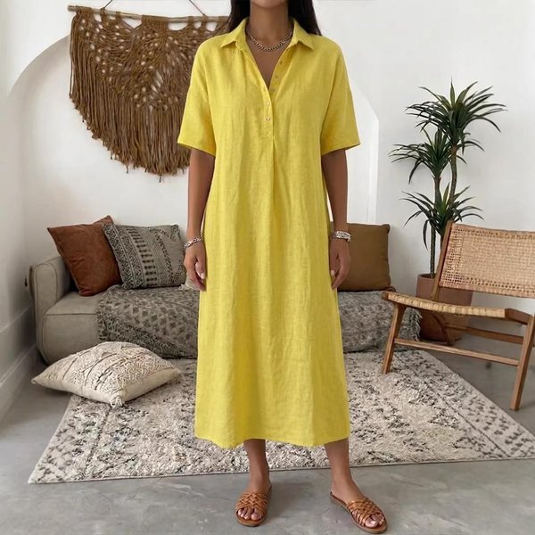 Vestido Camisa De AlgodóN Y Lino Para Mujer Primavera Verano Casual Holgado Manga Corta Cuello Solapa Color SóLido CóModo Vestido Midi Para Uso Diario L-image