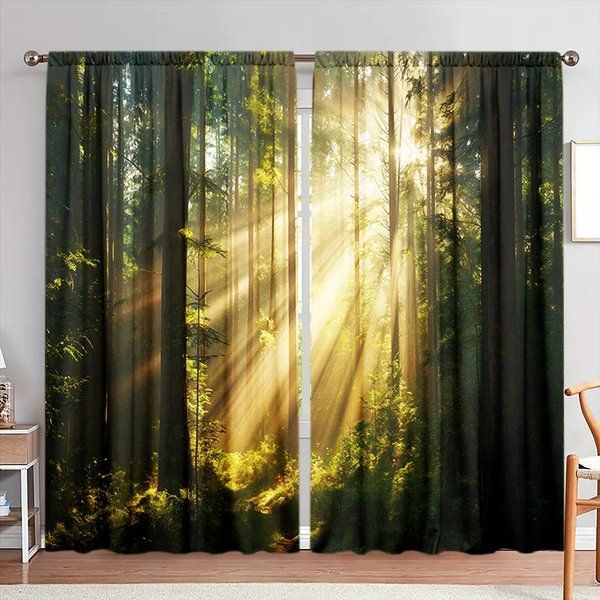 2 Szt. ZasłOna Z Nadrukiem „SłOńCe śWieci Na Las” Do Dekoracji Domu - Kieszeń Na Karnisz, Dekoracja Okna Do Sypialni, Biura, Kuchni 52.5Cmx116Cm X 2Pcs Black-image