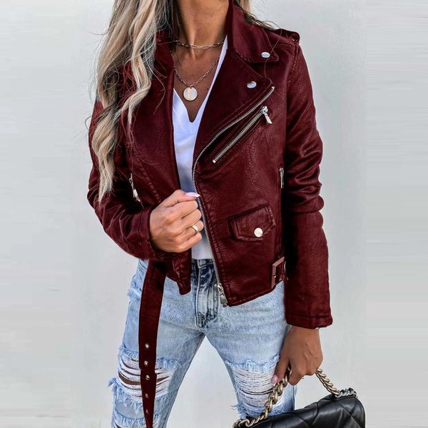 Kobiety SkóRzany PłAszcz PU Kurtka Zamek BłYskawiczny Slim Fit Streetwear Zamek BłYskawiczny ŁąCzony High Street Jednolity Odzież Wierzchnia Kieszeń Kurtki XL Black-image
