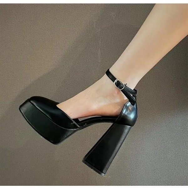 Buty Mary Jane Damskie Nowe Wiosna Jesień Grube Obcasy Wysokie Obcasy Wodoodporne Platformy Hollow Luksusowe Damskie Buty Pompy 36 Czarny-image