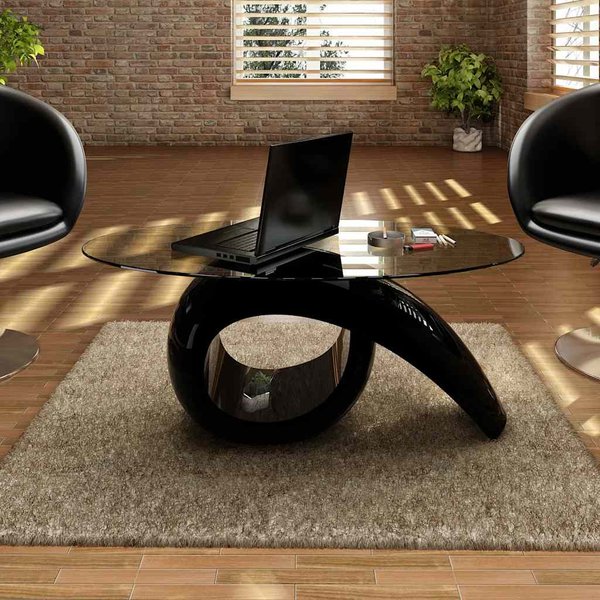 Vidaxl Mesa De Centro Negra Con Tapa Ovalada De Cristal, Alto Brillo-image
