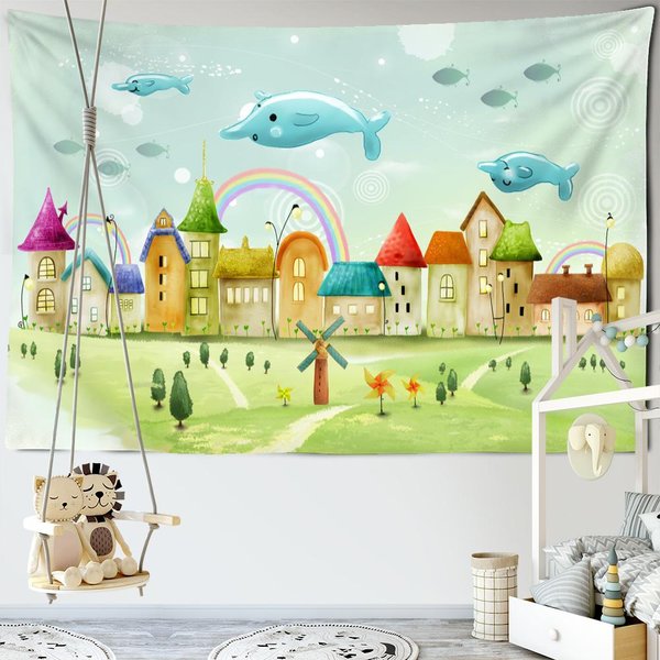 Tapiz RomáNtico De Dibujos Animados Con DelfíN PequeñO Para Colgar En La Pared, Tapiz Hippie, Arte Kawaii, Dormitorio De NiñAs, HabitacióN De NiñOs, DecoracióN Del Hogar 95X70Cm Beige-image