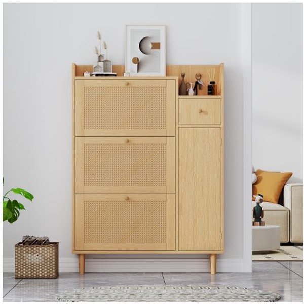 Mueble Para Zapatos - Muvoe - 3 Puertas - 1 CajóN - Madera Maciza - MarróN Natural Natural-image