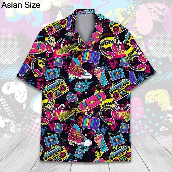 Camisa Hawaiana Pop Art Cinta De Cassette Patineta Auricular Camiseta, Fiesta Vintage AñOs 90 Camisas De Verano Unisex Con Botones S-image