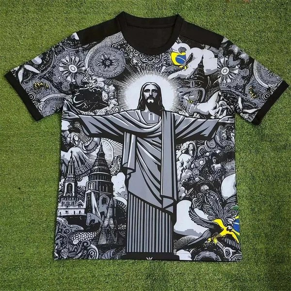 2026 Lato Brazylia Edycja Specjalna Jezus Czarny Szary Koszulka PiłKarska OddychająCa SzybkoschnąCa OkrąGłY Dekolt KróTki RęKaw 5XL-image