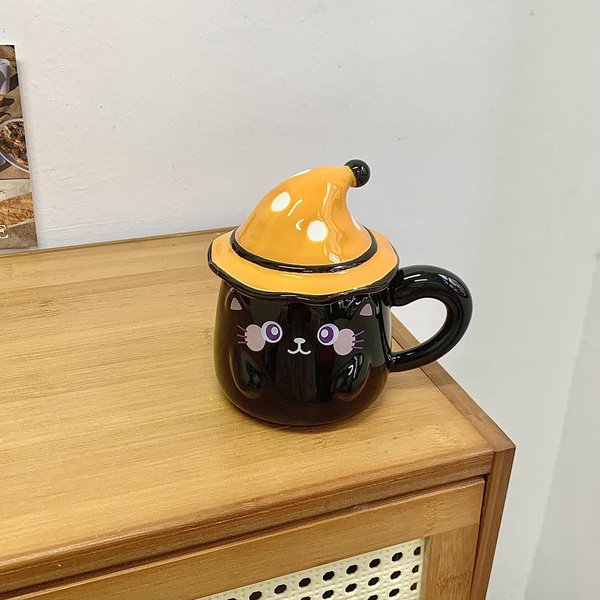 Taza De Gato Con Tapa Taza De CeráMica Para NiñAs Taza De Agua Oficina Café Taza De Desayuno Regalo De CumpleañOs Souvenir 301-400Ml Beige-image