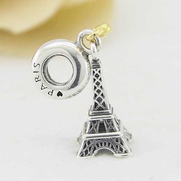Original ParíS Torre Eiffel Y Cuentas Colgantes CorazóN Dorado Ajuste 925 Plata Esterlina Cuenta Charm Pulsera De Moda JoyeríA DIY Beige-image
