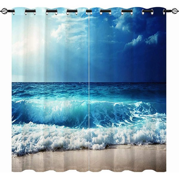 Ocean Tropikalne Lato Hawajski ZachóD SłOńCa Fale Morskie WzóR Krajobrazowy Tkanina Okienna ZasłOna Do Salonu Lewa I Prawa 2 Panele 132W164H(Cm)52X65In&Hook Blue-image
