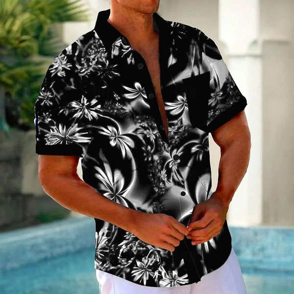 MęSka Kwiatowa Letnia Koszula Hawajska Koszula Aloha KróTki RęKaw Hawajski Resort Codzienna 3XL Black-image