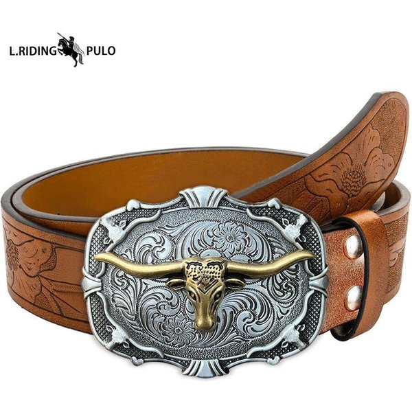 MęSki Pasek Kowbojski Western Klamra Z GłOwą Byka Retro TłOczony SkóRzany Pasek Trend 110Cm Gray-image