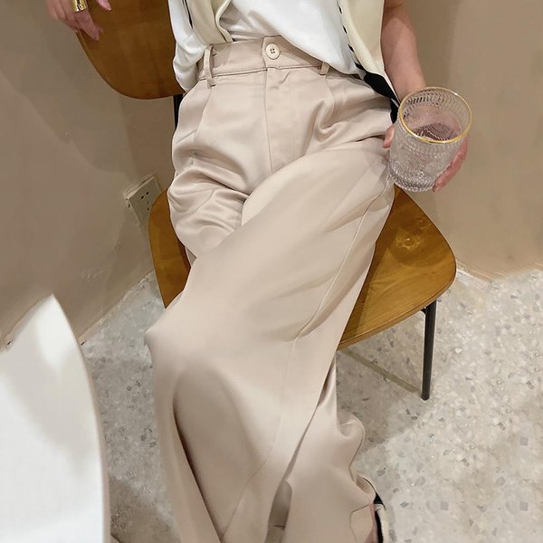 Pantalones De SatéN De Seda De Verano Para Mujer, Pantalones Informales De Cintura Alta, Moda Coreana Negra, Traje Con Pernera Ancha, Pantalones Para Mujer XL Caqui-image