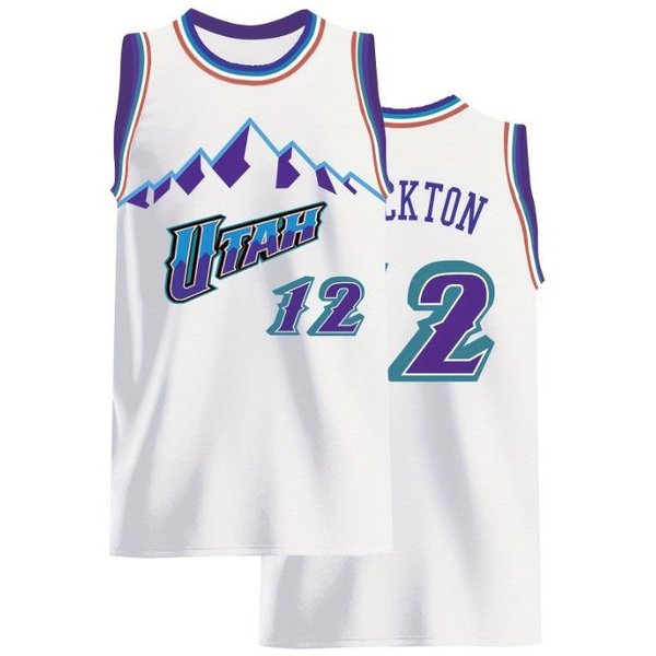 Camiseta De Baloncesto Utah Jazz Stockton 12 Para Padre E Hijo Blanca Con Acentos Morados Y Turquesa Logo De MontañA Camiseta Retro Para Aficionado Al Baloncesto S-image