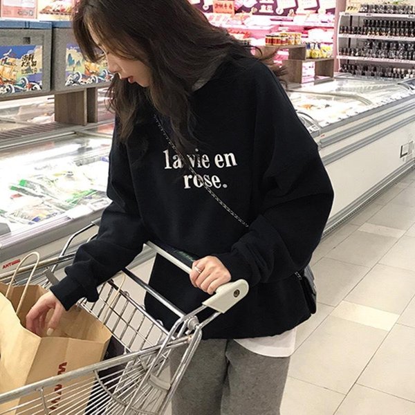 Sudadera Fina Holgada Con Estampado De Letras Coreana Nueva De OtoñO Para Mujer, PulóVer De Manga Larga, Top Para Estudiante 2XL Black-image