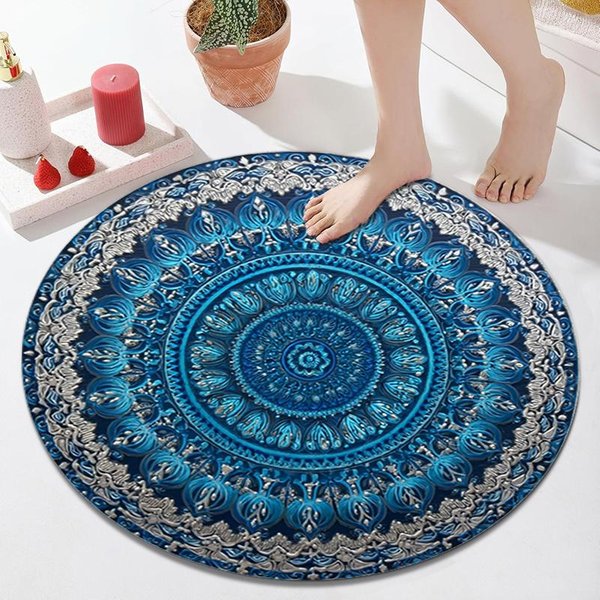 PięKny Niebieski Mandala OkrąGłY Geometryczny Boho Dywanik Dekoracja PodłOgi Do Domowego Salonu Dywan 120Cm-Dia.-image