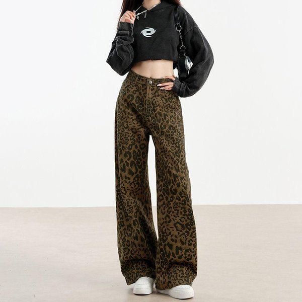 Jeans De Pierna Ancha Con Estampado De Leopardo Retro Para Mujer En Primavera Y OtoñO Streetwear Pantalones Rectos Sueltos Pantalones Casuales De Piso XL Black-image