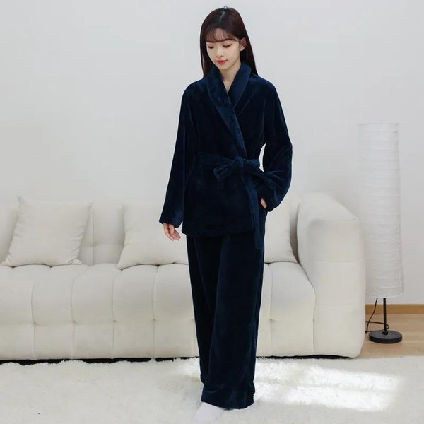 Ropa De Noche CáLida De Forro Polar Para Mujer 2 Piezas Ropa Para El Hogar Conjunto De Pijama Kimono De Franela Rosa Ropa De Dormir Casual Pijama De Manga Larga Para Mujer XL Azul-image