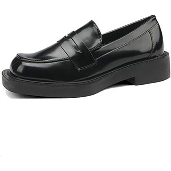 Nueva Moda Zapatos De Mujer De Cuero Genuino Casuales Slip-On Punta Redonda Mocasines Bombas CóModas Zapatos De Plataforma Tacones Zapatos Mujer 35 Negro-image