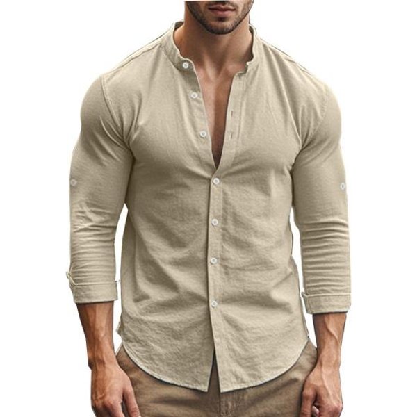 Camisa De AlgodóN Lino Para Hombre Manga Larga Botones Cuello Mao Casual Verano Para Vacaciones En La Playa Fiesta Viaje M Caqui-image