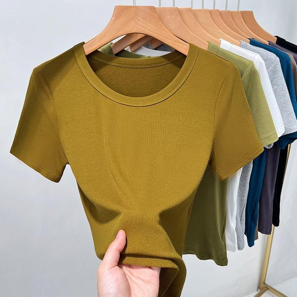 Camiseta De Manga Corta Con Hilo Para Mujer Nueva Camiseta Interior De Color SóLido Para Mujer Top De Cintura Con Cuello Redondo Grande A La Moda 3XL Amarillo-image