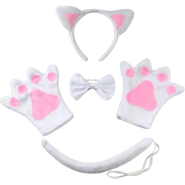 Akcesoria Na Imprezę Dla Dzieci Dziewczynka Czarna Opaska Z Uszami Kota SpóDniczka Tutu Ogon RęKawiczki Zestaw Halloween Karnawał Prezent Urodzinowy Kostium Cosplay For Kids Pink-image
