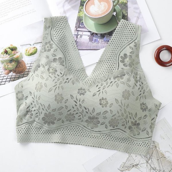 Sujetadores Push-Up De Encaje Transpirable Sin Costuras Para Mujer, LenceríA Sexy Sin Aros, Bralette Con Cuello En V, Ropa Interior XL Verde-image