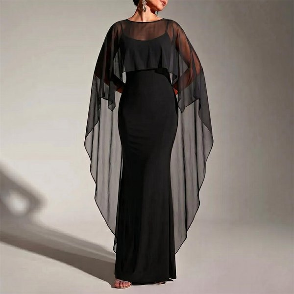 Capa Poncho De Gasa Extendido Ligero Transparente Cubre Vestido Para Mujer Ropa Formal De Noche L Negro-image
