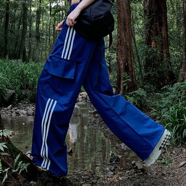 Patchworkowe Damskie Spodnie Cargo W Paski W Stylu AmerykańSkim Streetwear LuźNe Spodnie Szerokie Nogawki Y2K Kobiece Spodnie Dresowe Hip Hopowe S-image