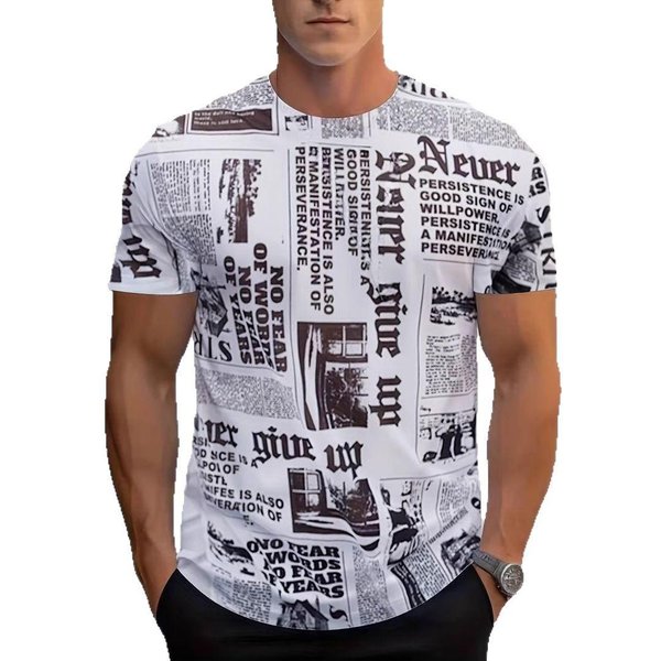 MęSka Koszulka Z KróTkim RęKawem Z Abstrakcyjnym Nadrukiem Gazetowym 3D Na Lato Z OkrąGłYm Dekoltem 6XL Gray-image