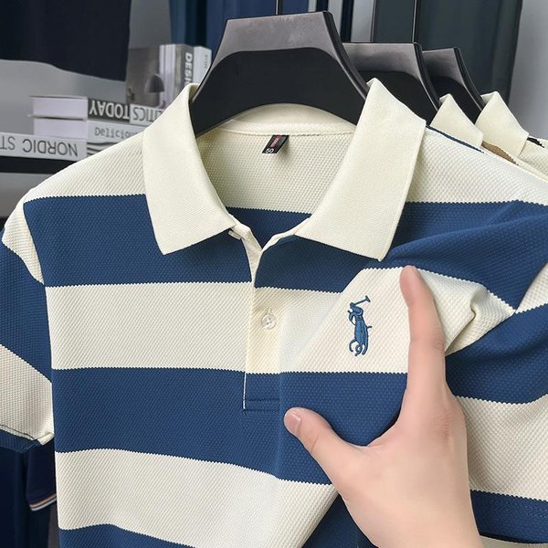 Camisa Polo A Rayas Estampada Estilo Coreano Para Hombre AlgodóN Solapa Casual Manga Corta 4XL Azul-image