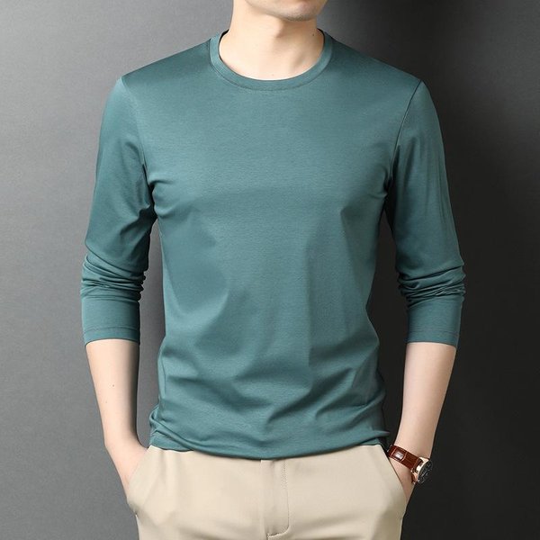 Camiseta Informal De AlgodóN Mercerizado De Doble Cara Para OtoñO, Cuello Redondo, Manga Larga, Camiseta Fina De Color SóLido Para Primavera Y OtoñO Xxxl-image