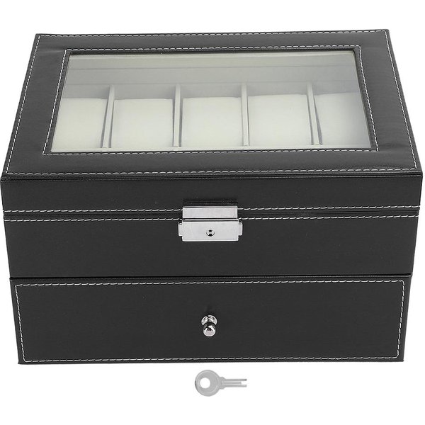 Caja Estuche De Reloj De Doble Capa 5 Compartimentos Estuche De Almacenamiento Para Gafas 10 Compartimentos Caja Para Relojes (Negro)-image